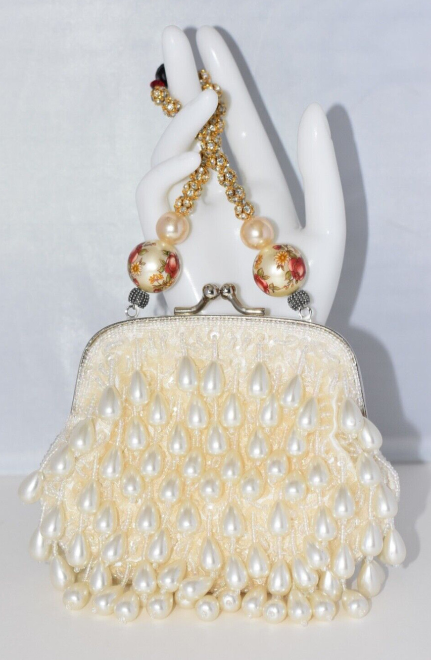 Vintage LILY SCOTT Embellished Pearls Aurora Borealis Beaded Evening Handbag